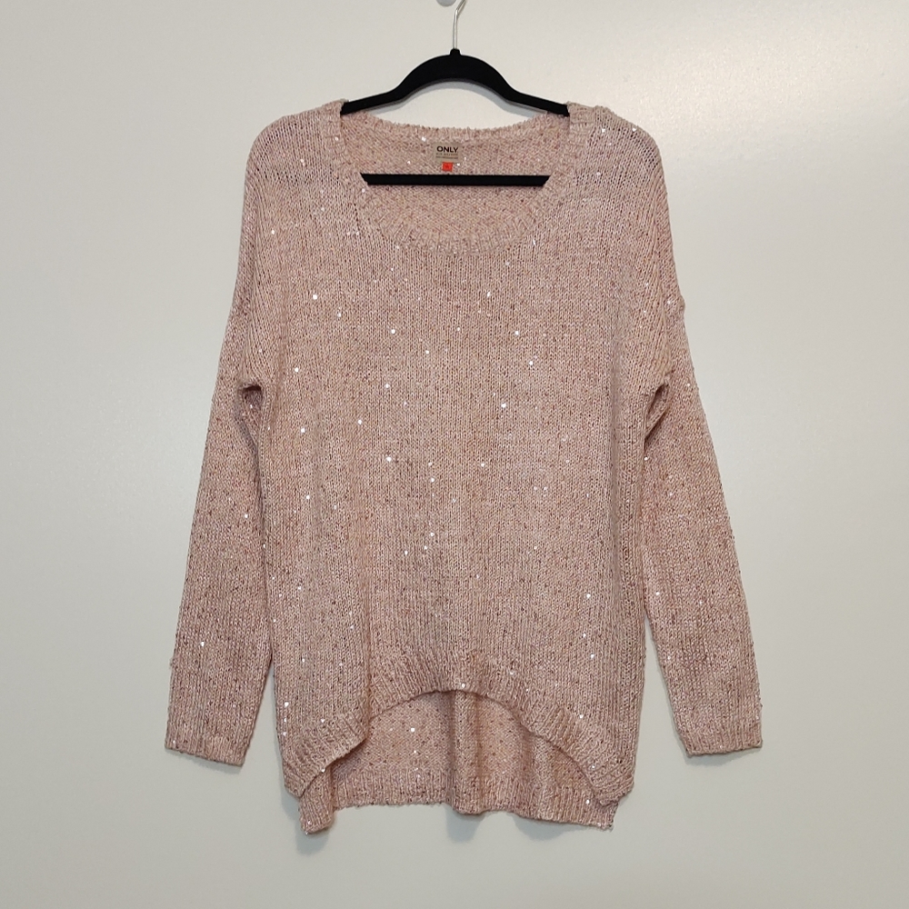 ONLY Blue Behavior blush pink sequin high low pullover knit sweater